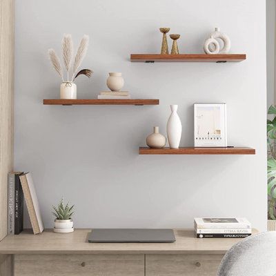 Set of 3 Floating Wooden Shelves – 40cm Wall Mounted Rustic Storage & Display Racks