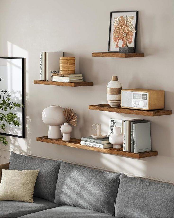 "4 Floating Wooden Shelves Set – 2x 30cm, 1x 50cm, 1x 70cm Wall Mounted Shelf for Modern Home Décor"