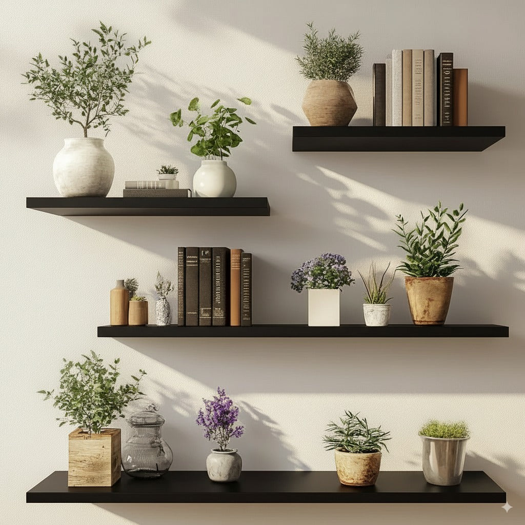 "4 Floating Wooden Shelves Set – 2x 30cm, 1x 50cm, 1x 70cm Wall Mounted Shelf for Modern Home Décor"