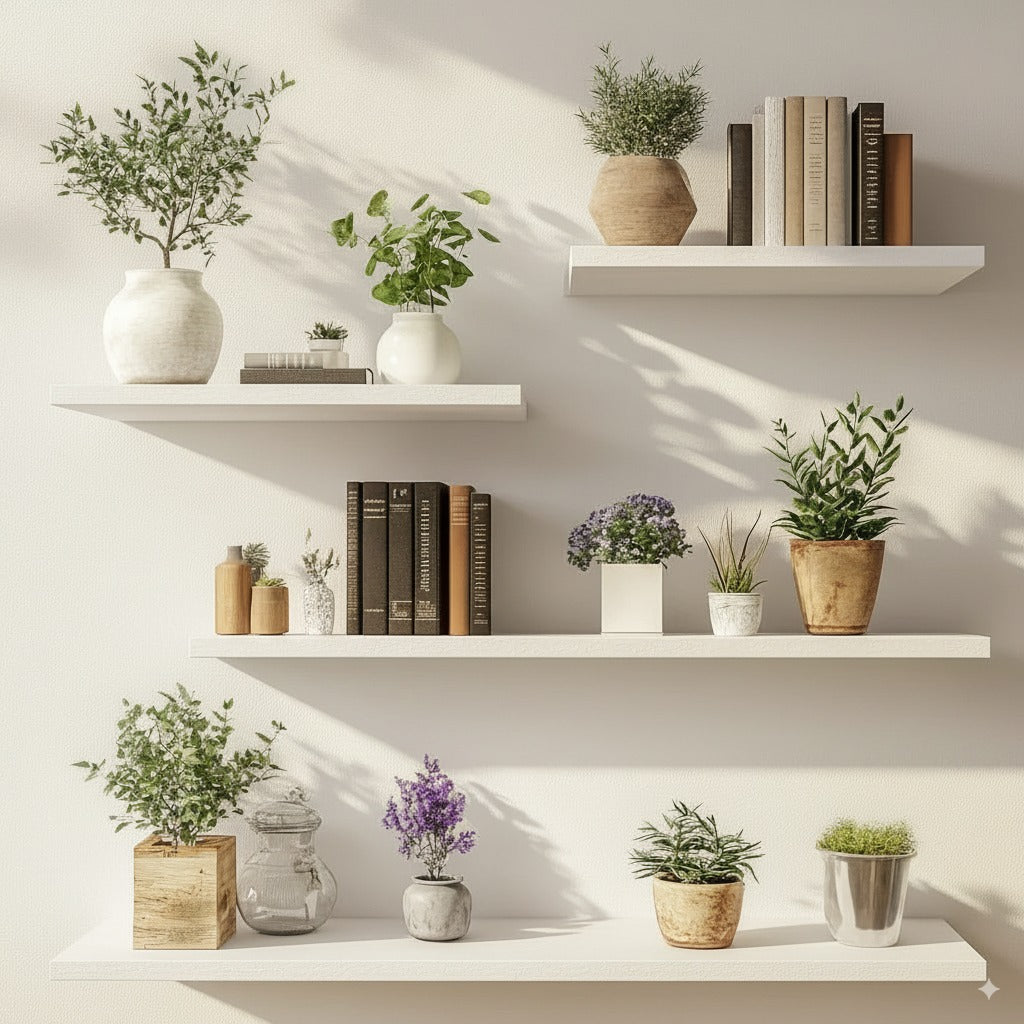 "4 Floating Wooden Shelves Set – 2x 30cm, 1x 50cm, 1x 70cm Wall Mounted Shelf for Modern Home Décor"