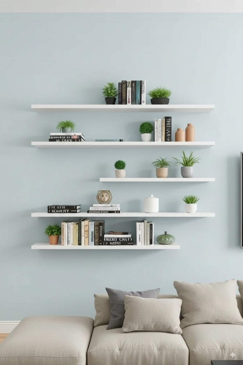 Set of 5 Modern Wooden Floating Shelves – 3x 100cm & 2x 80 cm