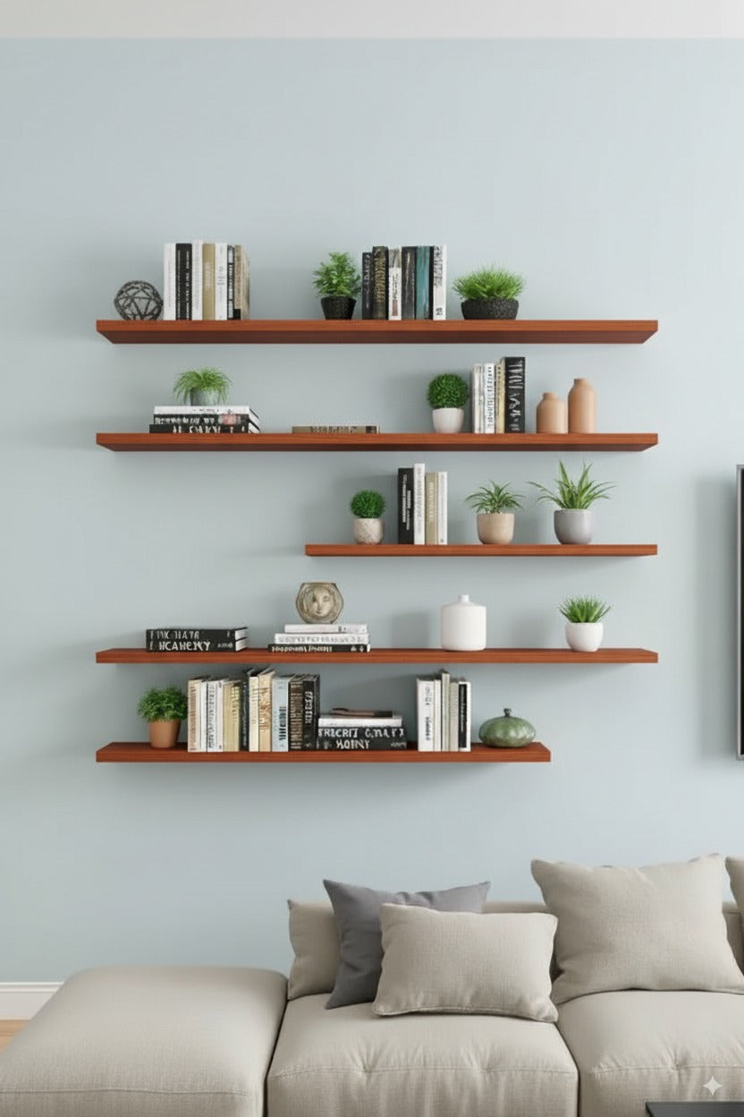 Set of 5 Modern Wooden Floating Shelves – 3x 100cm & 2x 80 cm